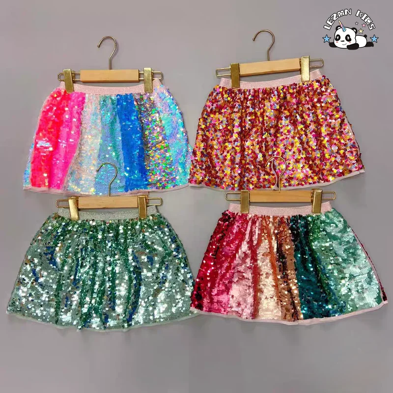 LEZONKIDS - Wholesale Cute Color Gradient Sequin Satin Short Skirts Girls Sexy Mini Party Wear Breathable Lace Skirts